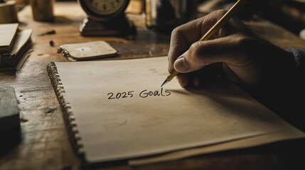 Creative Desk with 2025 Goals Written on a Blank Paper Surrounded by Art Supplies