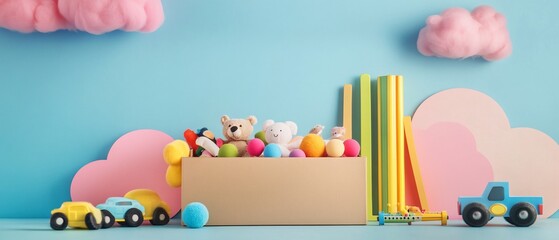 Cardboard box overflowing with colorful toys, surrounded by pastel clouds and cars on a blue background.