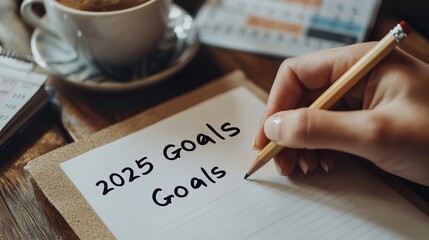 Creative Desk with 2025 Goals Written on a Blank Paper Surrounded by Art Supplies