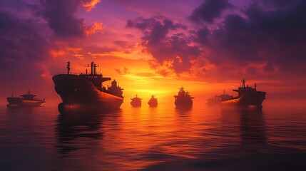 Obraz premium Ships silhouetted against a stunning sunset.