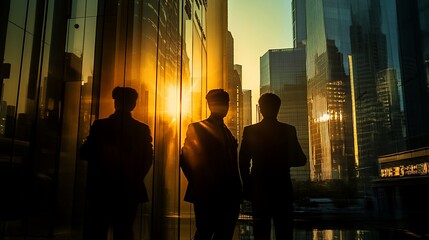 Silhouetted businesspeople at sunset, cityscape backdrop.