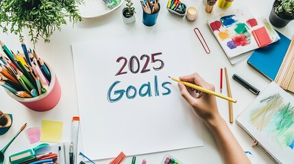 Creative Desk with 2025 Goals Written on a Blank Paper Surrounded by Art Supplies