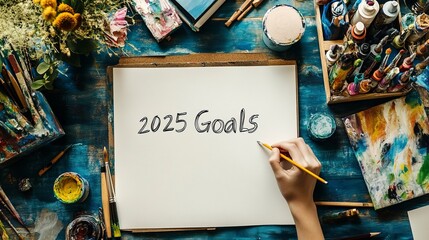 Creative Desk with 2025 Goals Written on a Blank Paper Surrounded by Art Supplies