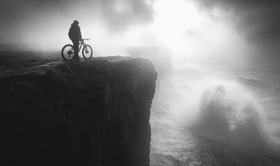 Obraz premium Cyclist contemplates stormy ocean, cliff edge.