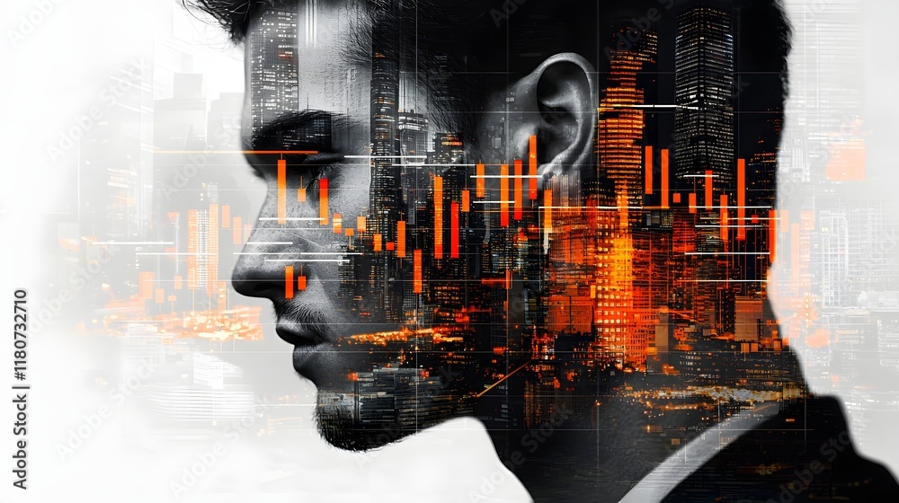 Poster futuristic double exposure of a trader s face overlaid with dynamic candlestick charts skyscrapers a