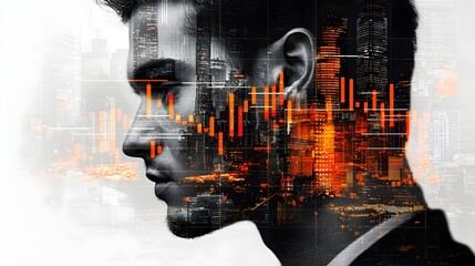 Futuristic double exposure of a trader s face overlaid with dynamic candlestick charts skyscrapers and financial data visualizations representing the high tech