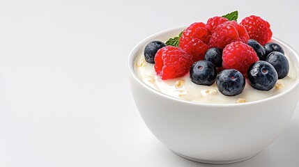 Delicious yogurt bowl with fresh raspberries and blueberries on white background