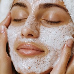 Naklejka premium A serene individual enjoys a facial treatment with a cleansing foam, promoting skincare and relaxation.