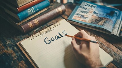 Creative Desk with 2025 Goals Written on a Blank Paper Surrounded by Art Supplies