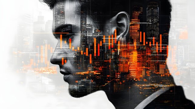 Futuristic double exposure of a trader s face overlaid with dynamic candlestick charts skyscrapers and financial data visualizations representing the high tech