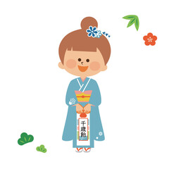 日本の七五三　日本の着物を着た7歳の女の子　かわいいイラスト