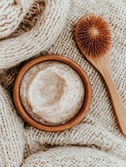 A cozy arrangement featuring a textured bowl of scrub, a wooden brush, and soft, knitted fabric, evoking relaxation and self-care.