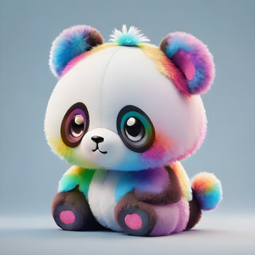 A 3D panda with bright rainbow patches on its fur sitting on a plain light blue background, highly detailed.