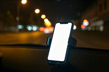 Mockup Smartphone with blank screen mounted on car dashboard at night, street lights blurred in background.