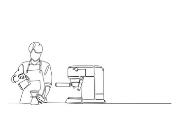 Barista and coffee machine continuous one line drawing. Barista preparing cofffee in single line art illustration. Editable vector.
