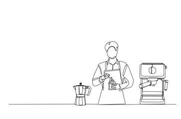 Barista and coffee machine continuous one line drawing. Barista preparing cofffee in single line art illustration. Editable vector.