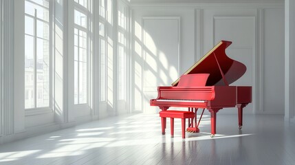 Red grand piano in bright white room. Ideal for music, elegance, and luxury concepts.