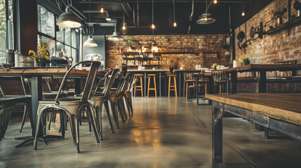 Interior design inspiration of Industrial Urban style restaurant dining room, decorated with black Metal pendant lighting and Exposed Brick Wall