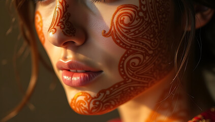 “Extreme Closeup of a Face with Henna Tattoos Spreading Across the Skin” – Elegant mehndi patterns drawn across the face, representing celebration and traditional South Asian artistry.

