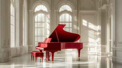 Grand piano in elegant red, ornate room. Perfect for music, luxury, or elegance themes.