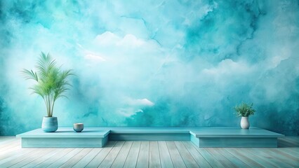 Fototapeta premium Serene Aqua Room Display with Minimalist Decor and Textured Wall