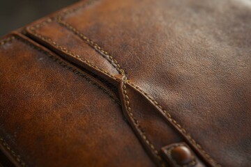 Close up of weathered brown leather wallet with stitching details