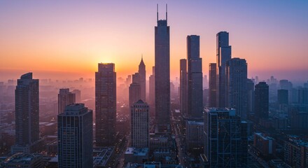 A modern city skyline at dawn, with the first light reflecting off glass skyscrapers