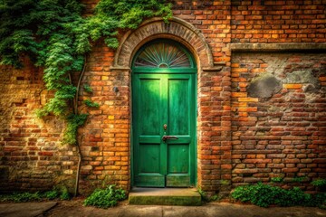 A surreal green door, nestled in a mystical brick wall, beckons to a dreamlike realm.
