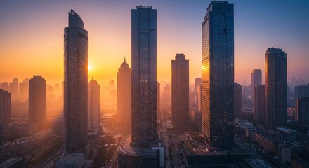 Fototapeta premium A modern city skyline at dawn, with the first light reflecting off glass skyscrapers
