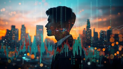 of a businessman silhouette merged with a city skyline and a market graph in a double exposure style representing the intersection of modern business technology finance and urban development
