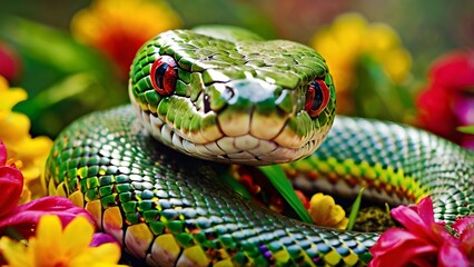 Fototapeta premium snake in vivid hues of green, yellow, and red, decorated with intricate markings