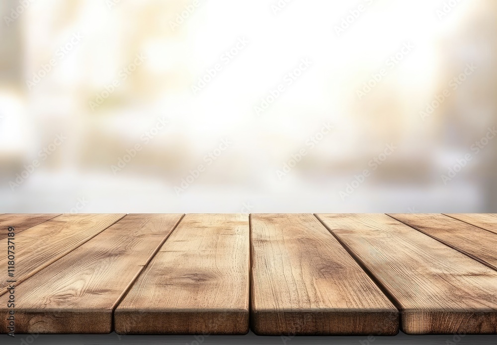 Aufkleber empty wooden tabletop with a blurred white and beige background, ideal for product display presentat