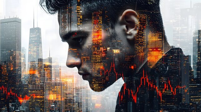 A striking double exposure image depicting a trader s face overlaid with candlestick charts and the sleek silhouettes of towering skyscrapers