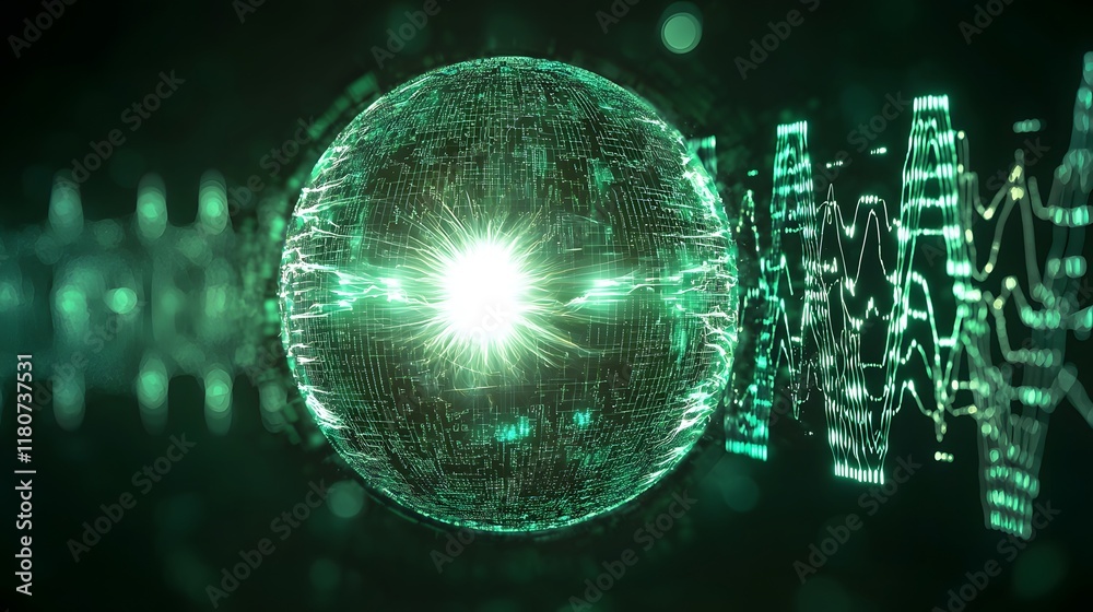 Poster glowing and illuminated futuristic sphere emitting rays of light surrounded by a complex grid of dig