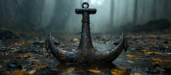 Fototapeta premium Rusty anchor in a rainy forest.