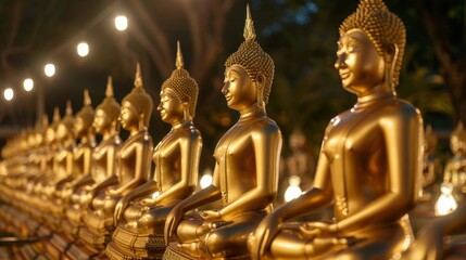 A large group of gold statues of Buddha are sitting in a row. Phuttha Utthayan Makha Bucha Anusorn (Buddhism Memorial Park), Nakhon Nayok, Thailand