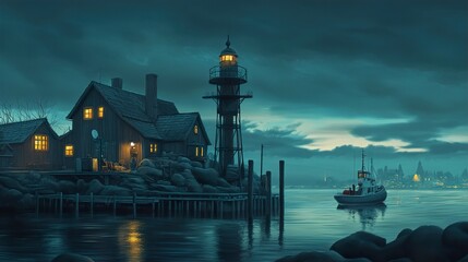 Fototapeta premium Nightfall at the Lighthouse: A Serene Coastal Scene