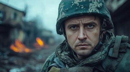 Fototapeta premium Intense Portrait of a Soldier in Battle-Scarred Environment Capturing Emotions of Bravery, Resilience, and Determination Amidst War-Torn Landscape