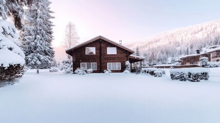 Snowy Wooden Cabin in Winter Wonderland  Mountain Escape