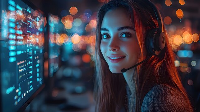 Smiling Customer Service Representative Seated at Modern Desk with Glowing Screen for Live Chat Interface