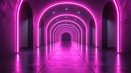 Reflective pink neon archway tunnel.
