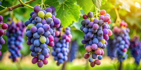 A bunch of blue purple grapes hanging from a leafy vine cluster in a lush green garden, blue grape cluster, leaves