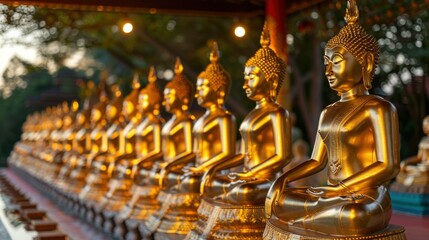A large group of gold statues of Buddha are sitting in a row. Phuttha Utthayan Makha Bucha Anusorn (Buddhism Memorial Park), Nakhon Nayok, Thailand