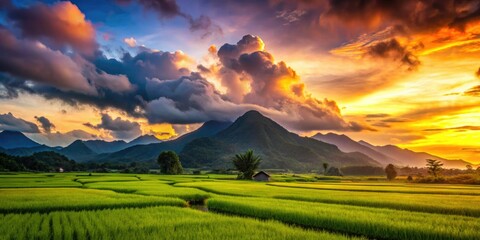 Obraz premium Darkened figures against vibrant rice paddies, a cloudy mountain backdrop, and a fiery sunset.