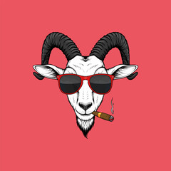 A stylish illustration of a goats head wearing sunglasses and smoking a cigar against a red background.