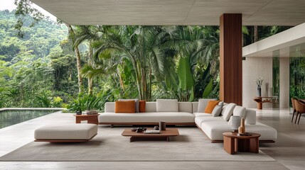Fototapeta premium Sophisticated Living Room with Lush Greenery Background