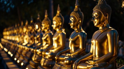 A large group of gold statues of Buddha are sitting in a row. Phuttha Utthayan Makha Bucha Anusorn (Buddhism Memorial Park), Nakhon Nayok, Thailand