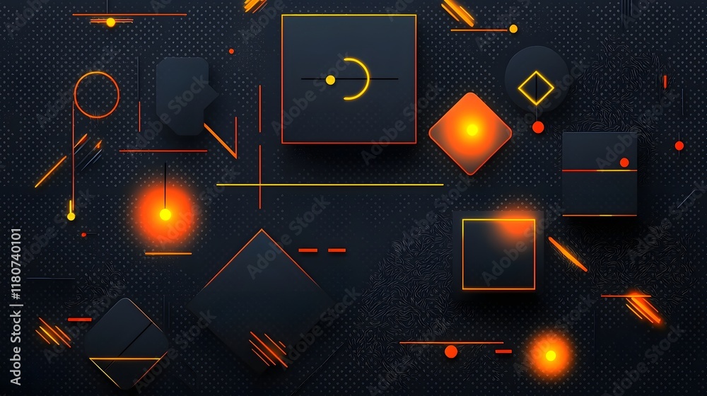 Poster sleek black background with neon geometric shapes glowing lines and minimalist digital art design fu