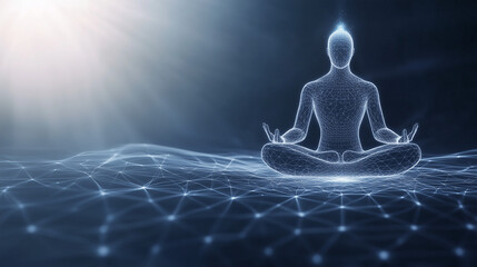 Enlightened Connection: A digital rendering of a person in a meditative pose, enveloped in a calming blue light and surrounded by a network of connections.