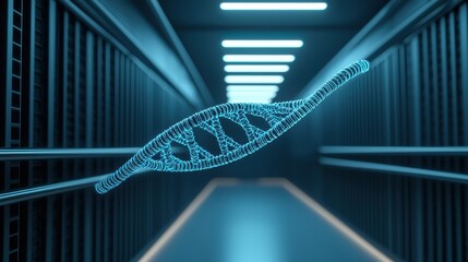 A digital representation of DNA floating in a futuristic environment, showcasing technology and biology intertwined.